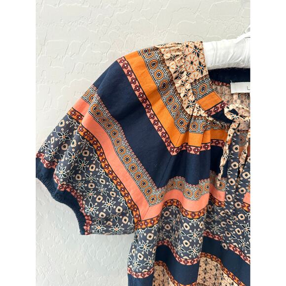 LOFT | Petite Boho Print Keyhole Short Puff Sleeve Peasant Top | Small - Picture 3 of 6
